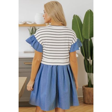 Black Stripe Ruffle Denim Patchwork Round Neck Mini Dress