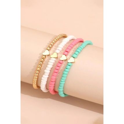 Pink Heart Beaded Multi Layered Bracelet Set