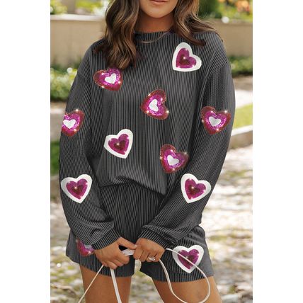 Carbon Grey Valentine Sequin Heart Corded Pullover and Shorts Set