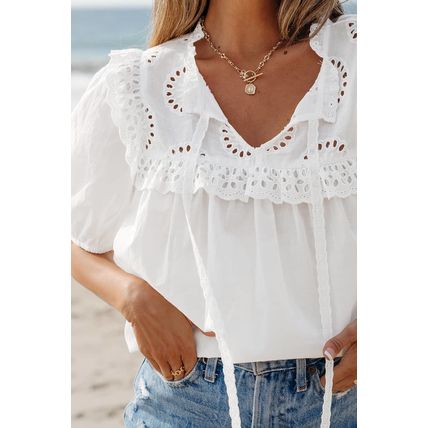 White Embroidered Lace Patchwork Tie Neck Puff Short Sleeve Blouse