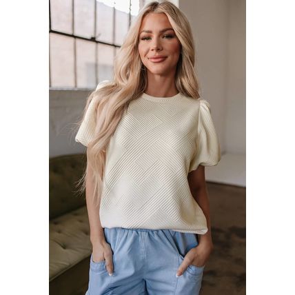 Oatmeal Textured Puff Sleeve T-shirt