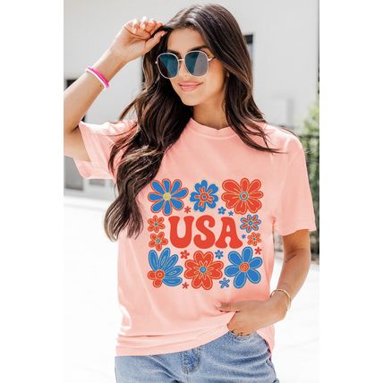 Pink Shimmer Flower USA Letter Printed Casual T Shirt