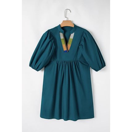 Blue Sapphire Colorblock Split V Neck Puff Sleeve Mini Dress