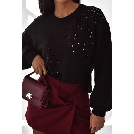 Black Rhinestone Embellished Drop Shoulder Ribbed Cuffs Wholesale Sweatshirt