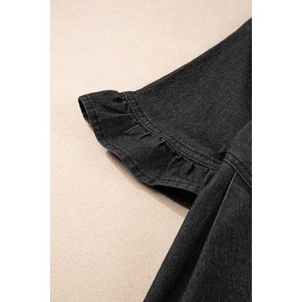 Black Frilled Short Sleeve Button Up Loose Denim Shirt Dress