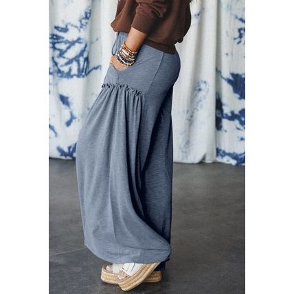 High Frilled Detail Wide Leg High Waist Knit Pants