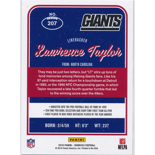 2016 Donruss Football Press Proof Blue 207 Lawrence Taylor New York Giants