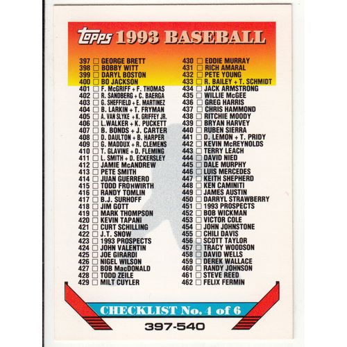 1993 Topps Baseball Checklist 4 of 6 unmarked card 397-540