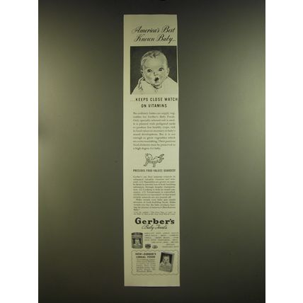 1939 Gerber's Baby Food Ad - America's best known baby ..keeps close watch on