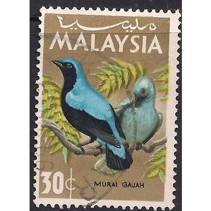 Malaysia 1965 QE2 30ct Blue Backed Fairy Bluebird used SG 21 ( L1134 )