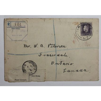 NZ 1933 4d (SG 422g/h) on Registered Cover from TARADALE to FRASERDALE Canada.