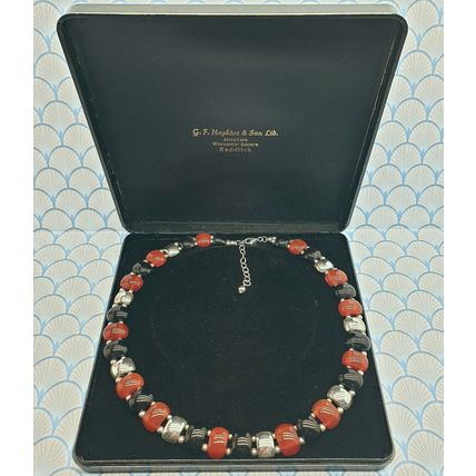 Vintage Chunky 925 Sterling Silver Onyx & Carnelian Statement Necklace with Box
