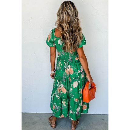 Green Floral Print Bubble Sleeve Smocked Tiered Midi Dress