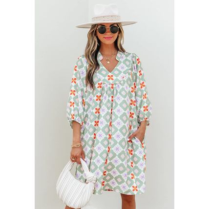 Green Geometric Floral Print 3/4 Sleeve Notched Neck Mini Dress