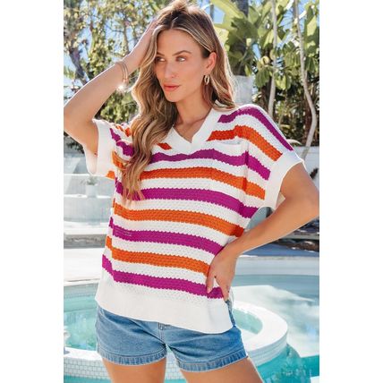 Rose Stripe V Neck Short Sleeve Sweater with Side Slits