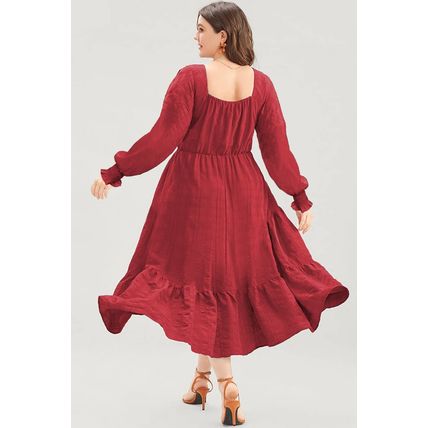 Fiery Red Lace-up Ruched Front Long Sleeve Ruffle Hem Plus Size Midi Dress