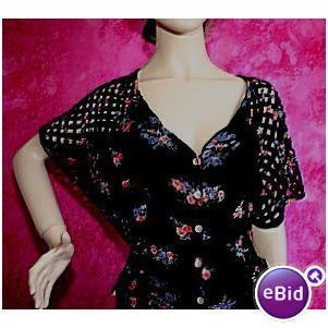 Womens Vintage 1970 Black Blue Floral Open Work Short Sleeved Dress Size 12 14