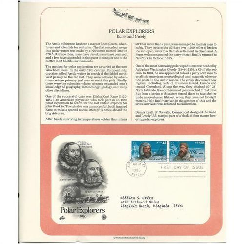 POLAR EXPLORERS : Kane & Greely ' OFFICIAL FIRST DAY of ISSUE ' (1986)