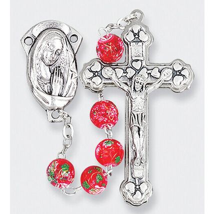 Red Rosary, Mosaic Glass Beaded Rosary plus two free prayer cards