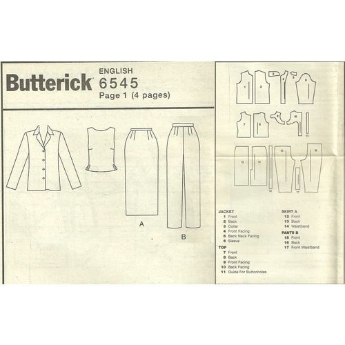 Butterick 6545 Sewing Pattern Misses Jacket Top Skirt Pants Size 12 14 16 Uncut