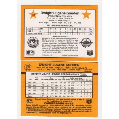 TWO 1989 Donruss Dwight Gooden cards- #270, All-Stars #40 –Mets