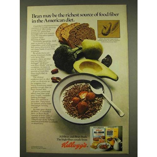 1976 Kellogg's All-Bran and Bran Buds Cereal Ad - Fiber