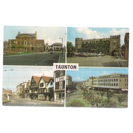 multiview, TAUNTON SOMERSET used vintage postcard 1974 postmark =
