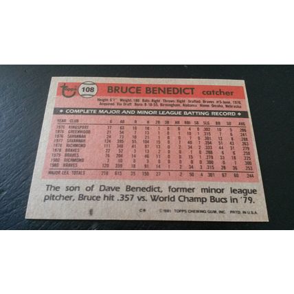 1981 Topps Card # 108 Bruce Benedict Very Good-Excellent (4) Atlanta Braves