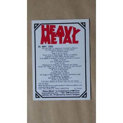 Heavy Metal Base trading Card # 35 (A) 1991 Cover Magazine Cohen and Townley