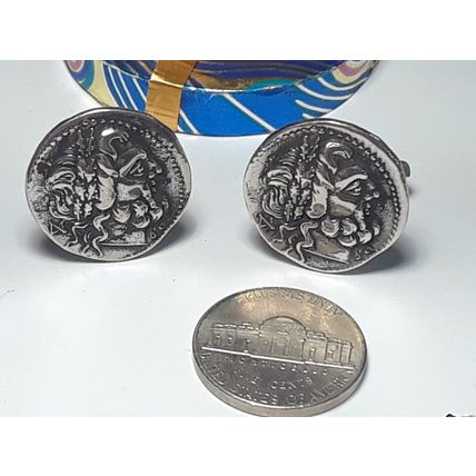 Vintage Greek God Portrait 21mm Diameter Sterling Silver Gents Cuff Links #17786