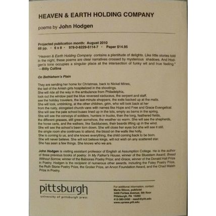 UNCORRECTED PROOF HEAVEN & EARTH HOLDING COMPANY by JOHN HODGEN RARE POETRY ARC