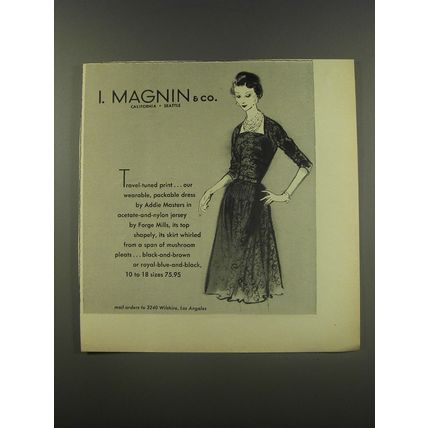 1956 I. Magnin & Co. Dress by Addie Masters Ad - Travel-tuned print