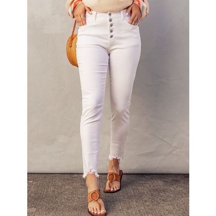 White Plain High Waist Buttons Frayed Cropped Denim Jeans