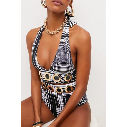KAREN MILLEN Eyelet Trim Plunge Neck Graphic Bikini Top and Bottom Set BNWT