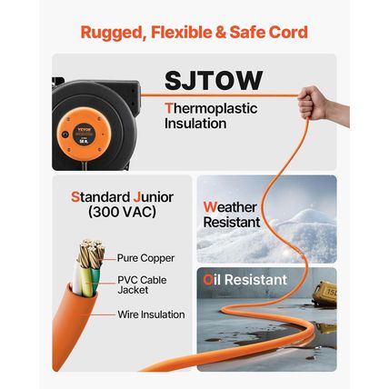 VEVOR Retractable Extension Cord Reel, 50 FT Heavy Duty 14AWG/3C SJTOW Power Cor