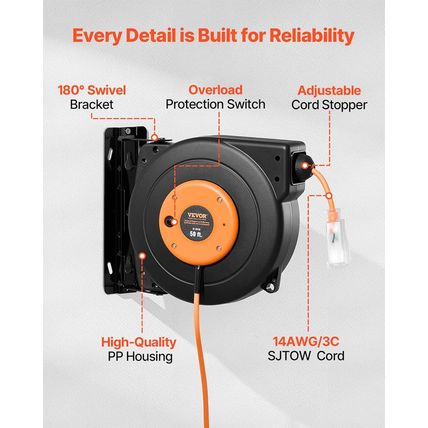 VEVOR Retractable Extension Cord Reel, 50 FT Heavy Duty 14AWG/3C SJTOW Power Cor