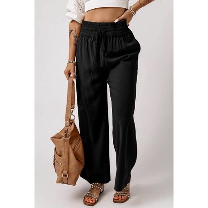 Black Drawstring Elastic Waist Casual Wide Leg Pants