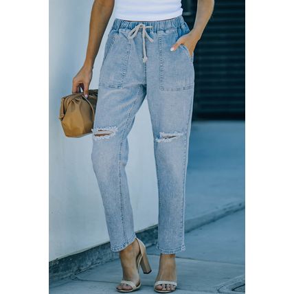 Sky Blue Gather Round Distressed Pocketed Denim Jogger