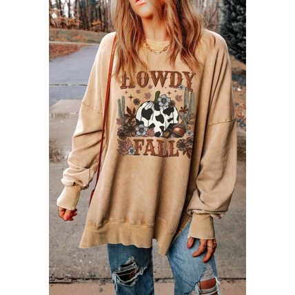 Khaki HOWDY FALL Pumpkin Print Split Hem Sweatshirt