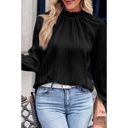 Black Frilled Mock Neck Ripple Bubble Sleeve Blouse