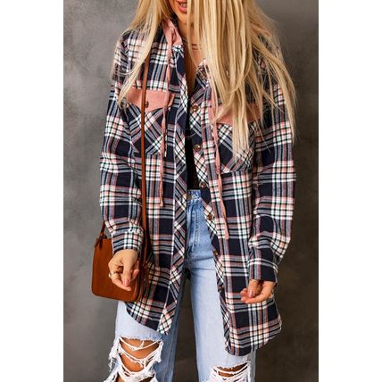 Pink Contrast Hooded Drawstring Plaid Shacket