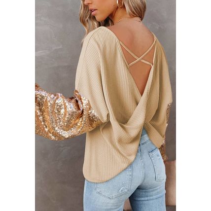 Apricot Sequin Patchwork Sleeve Open Back Waffle Knit Top