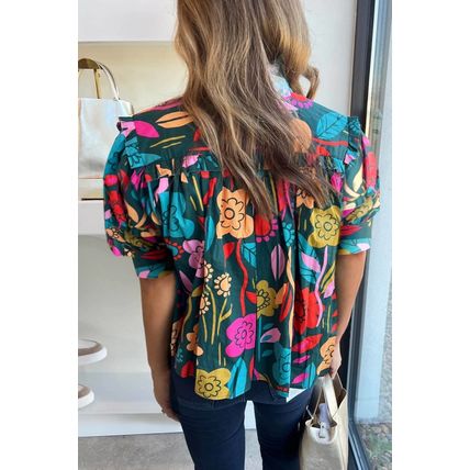 Green Floral Print Puff Sleeve Tied V Neck Blouse