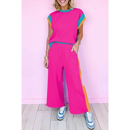 Strawberry Pink Color Block Detail Casual Two-piece Set