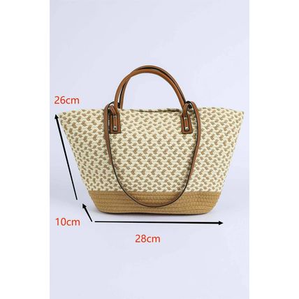 Beige Contrast Woven Leather Handle Single Shoulder Bag