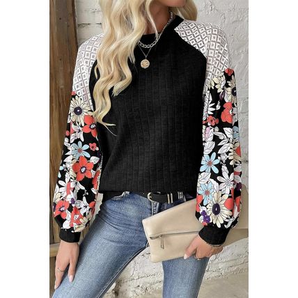 Black Floral Patchwork Long Sleeve Ribbed Blouse