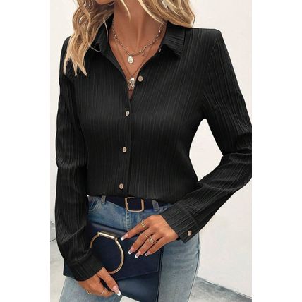 Black Solid Color Textured Buttoned Turn Down Collar Shirt