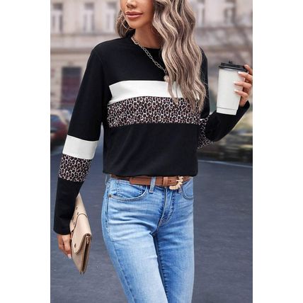 White Leopard Colorblock Patchwork Crew Neck Long Sleeve Tee