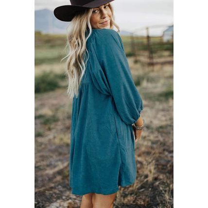 Blue Corduroy Snap Buttons Empire Waist Bracelet Sleeve Dress