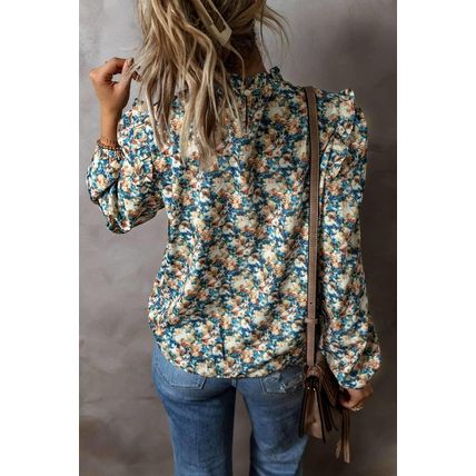 Sky Blue Floral Print Frilled Mock Neck Puff Sleeve Blouse
